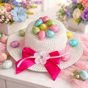 Girls Easter Bonnet Hat Pink Bow Pastel Eggs Spring Photo Prop